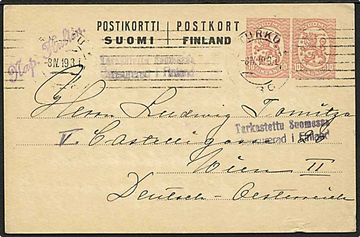10+10 pen Løve provisorisk helsagsbrevkort fra Turku d. 8.4.1919 til Wien, Østrig. 2-sproget censur Censurerad i Finland.
