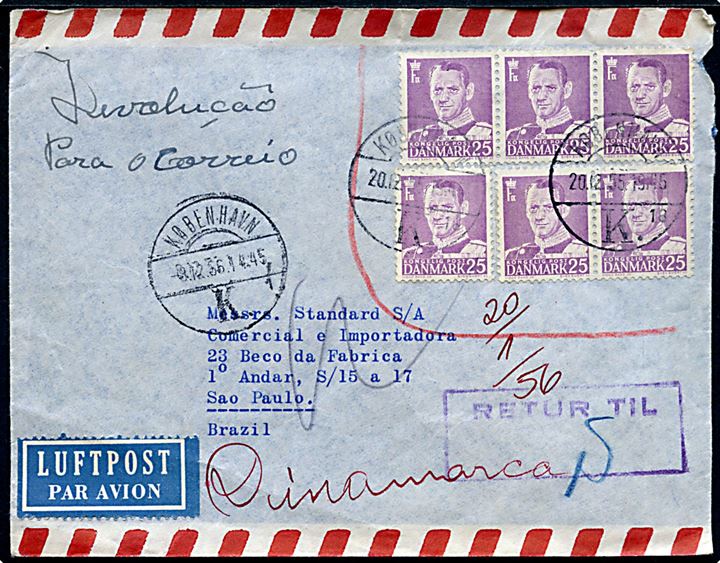25 øre Fr. IX (6) på luftpostbrev fra København d. 20.12.1955 til Sao Paulo, Brasilien. Retur som ikke afhentet og ank. København d. 9.12.1956.