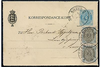 4 øre helsags korrespondancekort opfrankeret med 3 øre Tofarvet (2) annulleret med lapidar Kjøbenhavn II. d. 13.8.1892 til Linköping, Sverige.