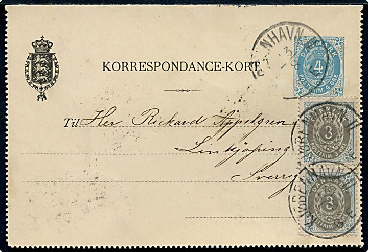 4 øre helsags korrespondancekort opfrankeret med 3 øre Tofarvet (2) annulleret med lapidar Kjøbenhavn II. d. 13.8.1892 til Linköping, Sverige.