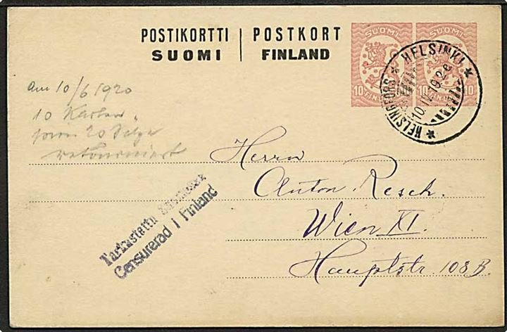 10+10 pen provisorisk helsagsbrevkort fra Helsingfors d. 10.4.1919 tilk Wien, Østrig. 2-sproget censurstempel: Censurerad i Finland.