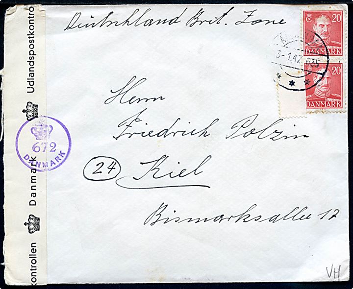 20 øre Chr. X i parstykke på brev fra Aabenraa d. 3.1.1947 til Kiel, Tyskland. Åbnet af dansk efterkrigscensur med stempel (krone)/672/Danmark.