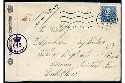 40 øre Chr. X på brev fra København d. 4.9.1946 til Heiligenhafen, Tyskland. Åbnet af dansk efterkrigscensur med stempel (krone)/643/Danmark.