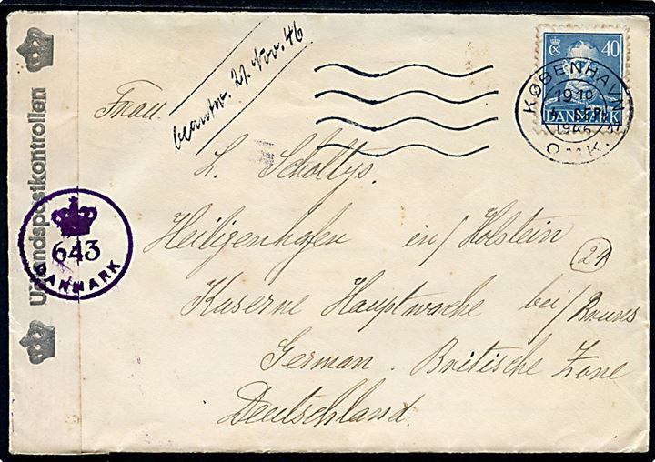 40 øre Chr. X på brev fra København d. 4.9.1946 til Heiligenhafen, Tyskland. Åbnet af dansk efterkrigscensur med stempel (krone)/643/Danmark.