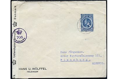 40 øre Chr. X 75 år på brev fra Helsingør d. 28.1.1947(?) til Flensburg, Tyskland. Åbnet af dansk efterkrigscensur med stempel (krone)/708/Danmark.