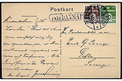 5 øre og 10 øre Bølgelinie på brevkort (Frederikshavn, Danmarksgade med Hoffmanns Hotel) annulleret med svensk stempel i Göteborg d. 1.7.1925 og sidestemplet Från Danmark til Gefle, Sverige.