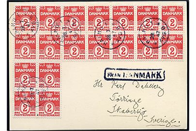 2 øre Bølgelinie i 18-blok på filatelistisk skibs-brevkort annulleret i Malmö d. 28.7.1947 og sidestemplet Från Danmark til Skabersjö, Sverige. Uden meddelelse på bagsiden.