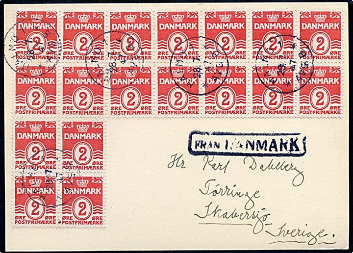 2 øre Bølgelinie i 18-blok på filatelistisk skibs-brevkort annulleret i Malmö d. 28.7.1947 og sidestemplet Från Danmark til Skabersjö, Sverige. Uden meddelelse på bagsiden.