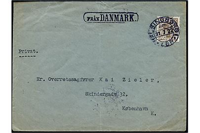 20 øre Chr. X på brev annulleret med svensk stempel i Hälsingborg d. 27.7.1922 og sidestemplet Från Danmark til København, Danmark.