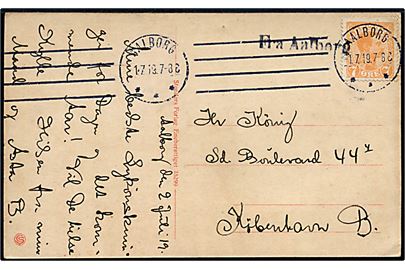 7 øre Chr. X på brevkort annulleret med maskinstempel i Aalborg d. 1.7.1919 og sidestemplet Fra Aalborg til København. 