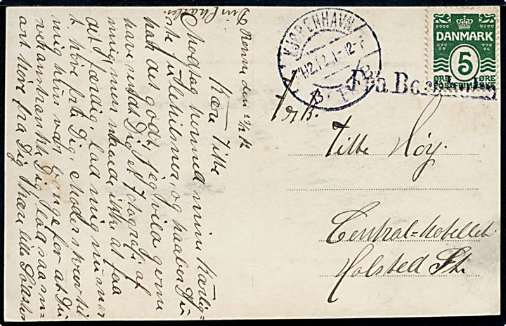 5 øre Bølgelinie på brevkort annulleret med liniestempel Fra Bornholm og sidestemplet Kjøbenhavn B. d. 14.12.1912 til Holsted St.