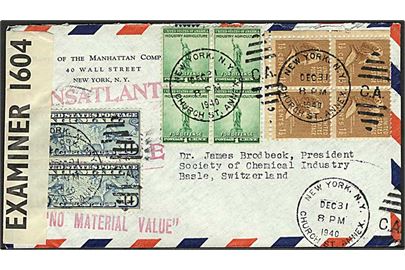 1 c. i fireklok, 1½ c. i fioreblok, samt 10 cents Luftpost i parstykke på luftpostbrev fra New York d. 31.12.1940 til Basel, Schweiz.