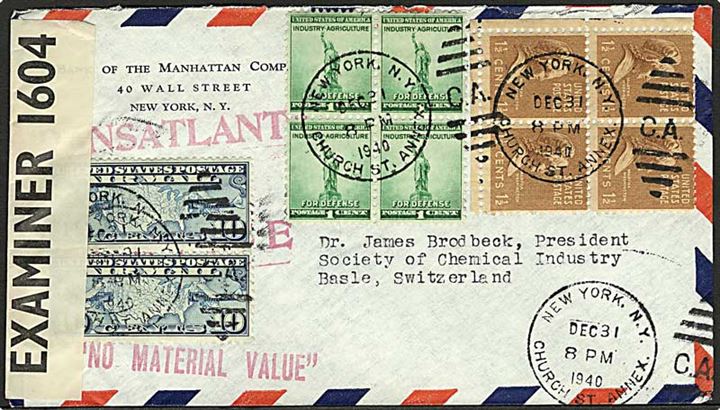 1 c. i fireklok, 1½ c. i fioreblok, samt 10 cents Luftpost i parstykke på luftpostbrev fra New York d. 31.12.1940 til Basel, Schweiz.