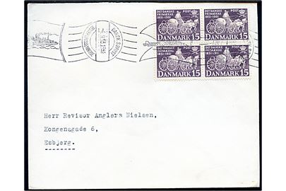 15 øre Frimærkejubilæum i fireblok på brev annulleret med håndrulle skibsstempel Dansk Søpost Gedser - Grossenbrode d. 4.9.1953 til Esbjerg.