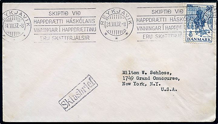 Dansk 30 øre Regentjubilæum single på brev annulleret med maskinstempel i Reykjavik d. 31.7.1937 og sidestemplet Skibsbrjef til New York, USA.