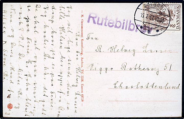 10 øre Regentjubilæum på brevkort (partier fra Romdrup) annulleret Aalborg d. 15.7.1937 og sidestemplet Rutebilbrev til Charlottenlund.
