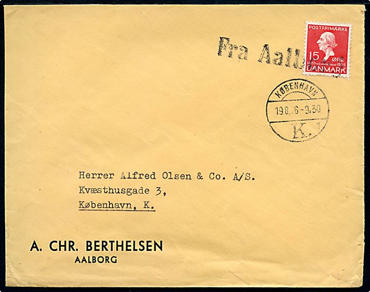 15 øre H. C. Andersen på brev annulleret med skibsstempel Fra Aalborg og sidestemplet København K. d. 19.8.1936 til København.