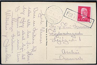Tysk 15 pfg. Hindenburg på brevkort (Colosseum, Flensburg) annulleret med rammestempel Fra Tyskland og sidestemplet med dansk bureaustempel Fredericia - Flensborg T.917 d. 9.9.1939 (svag dato) til Aarhus.