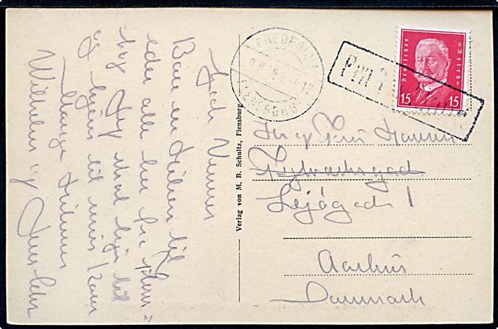 Tysk 15 pfg. Hindenburg på brevkort (Colosseum, Flensburg) annulleret med rammestempel Fra Tyskland og sidestemplet med dansk bureaustempel Fredericia - Flensborg T.917 d. 9.9.1939 (svag dato) til Aarhus.