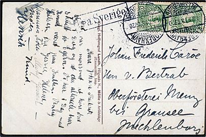 5 öre Gustaf i parstykke på brevkort (Parti fra Kullen) annulleret med dansk bureaustempel Kjøbenhavn - Helsingborg T.720 d. 13.7.1913 og sidestemplet Fra Sverige til Gransee i Mecklenburg, Tyskland. Fold.