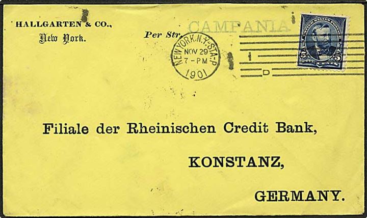 5 cents frankeret brev fra New York d. 29.11.1901 til Konstanz, Tyskland. Påstemplet pr. str. Campania.