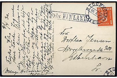 1 mk. Løve på brevkort fra Åbo annulleret med svensk stempel i Stockholm d. 10.4.1930 og sidestemplet Från Finland til København, Danmark.