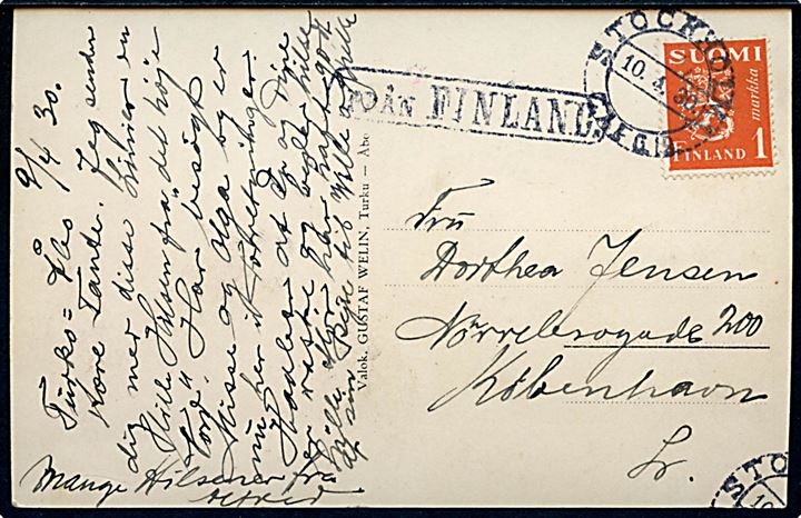 1 mk. Løve på brevkort fra Åbo annulleret med svensk stempel i Stockholm d. 10.4.1930 og sidestemplet Från Finland til København, Danmark.