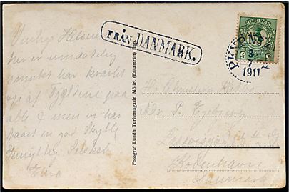 5 öre Gustaf på brevkort (Kullen) annulleret med svensk bureaustempel PKXP No. 83A d. 3.7.1911 og sidestemplet Från Danmark til København, Danmark.