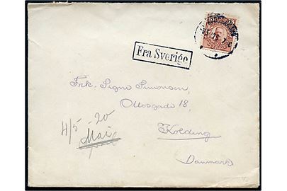 15 öre Gustaf på brev med langt indhold skrevet ombord på Malmöfærgen annulleret Kjøbenhavn d. 3.5.1920 og sidestemplet Fra Sverige til Kolding.