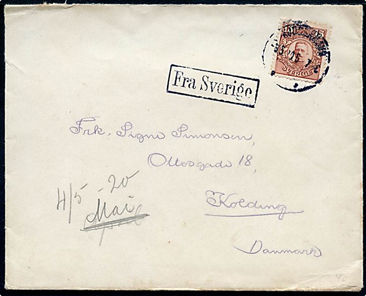15 öre Gustaf på brev med langt indhold skrevet ombord på Malmöfærgen annulleret Kjøbenhavn d. 3.5.1920 og sidestemplet Fra Sverige til Kolding.