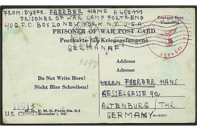 Ufrankeret krigsfange brevkort stemplet New York d. 13.10.1944 til Altenburg, Tyskland. Fra tysk obergefr. i Luftwaffe i Camp Fort Reno. Både tysk og amerikansk censur.
