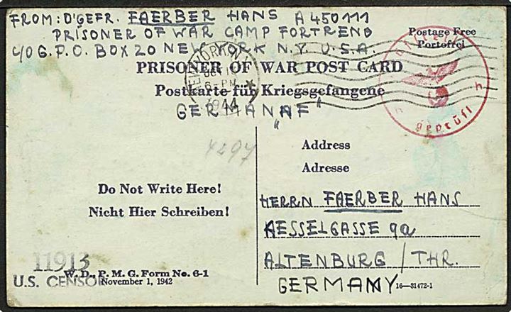 Ufrankeret krigsfange brevkort stemplet New York d. 13.10.1944 til Altenburg, Tyskland. Fra tysk obergefr. i Luftwaffe i Camp Fort Reno. Både tysk og amerikansk censur.