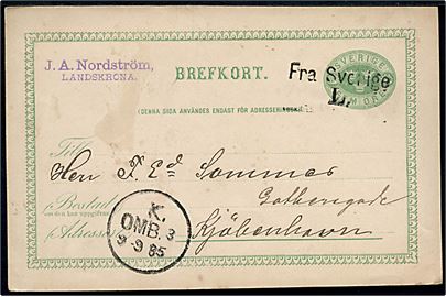5 öre helsagsbrevkort fra Landskrona annulleret med skibsstempel Fra Sverige L. og sidestemplet K. OMB. 3 d. 9.9.1885 til Kjøbenhavn.