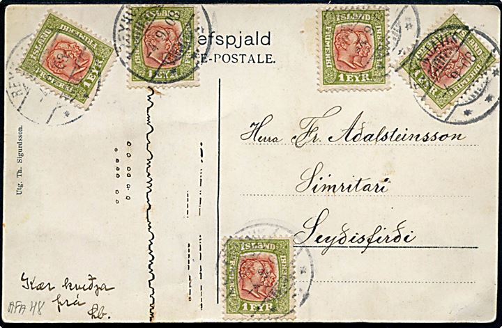 1 eyr To Konger (5) på brevkort fra Reykjavik d. 4.9.1908 til Seydisfjördur.