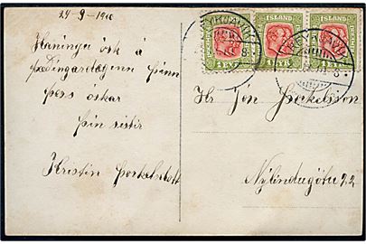 1 eyr To Konger (3) på lokalt brevkort i Reykjavik d. 24.9.1910.