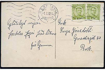 5 aur (2) Chr. X på brevkort sendt lokalt i Reykjavik d. 1.1.1932.