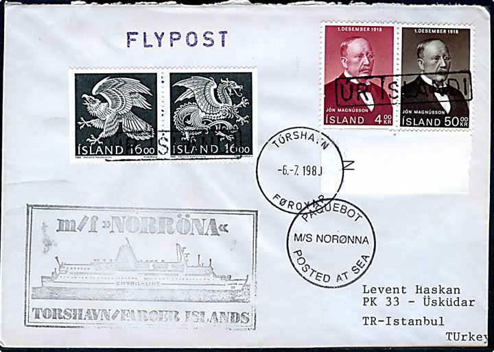Islandsk 90 kr. blandingsfrankeret filatelistisk skibsbrev annulleret úr Islandi og sidestemplet Tórshavn d. 6.7.1980 til Tyrkiet. Private skibsstempler fra M/S Norröna.