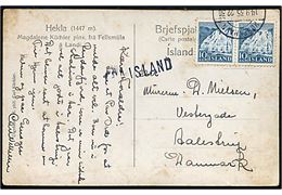 10 aur Dynjandi i parstykke på brevkort (Hekla) annulleret i København d. 14.9.1935 og sidestemplet Fra Island til Aalestrup, Danmark.
