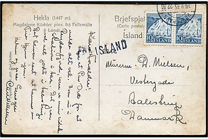 10 aur Dynjandi i parstykke på brevkort (Hekla) annulleret i København d. 14.9.1935 og sidestemplet Fra Island til Aalestrup, Danmark.