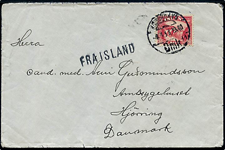 20 aur Gullfoss på brev annulleret med uldent stempel i København Omk. d. 9.4.193? og sidestemplet Fra Island til Amtssygehuset i Hjørring.