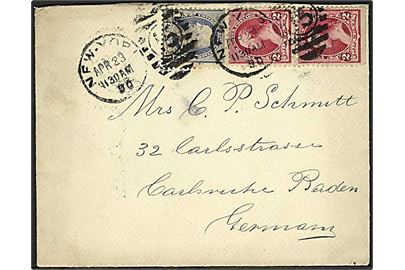 1 cent og 2 cents (2) på brev fra New York d. 23.4.1890 til Carlsruhe, Tyskland.