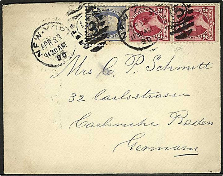 1 cent og 2 cents (2) på brev fra New York d. 23.4.1890 til Carlsruhe, Tyskland.