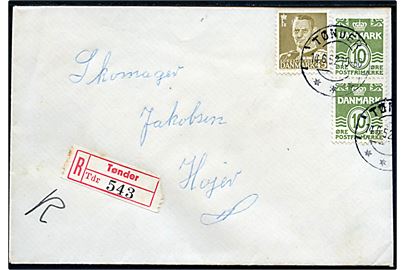 10 øre Bølgelinie (2) og 45 øre Fr. IX på anbefalet brev fra Tønder d. 14.6.1952 til Højer.
