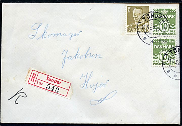 10 øre Bølgelinie (2) og 45 øre Fr. IX på anbefalet brev fra Tønder d. 14.6.1952 til Højer.