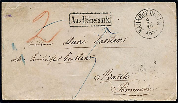 1855. Ufrankeret portobrev med antiqua Bahnhof Husum d. 8.10.1855 via K.D.O.P.A. Hamburg til Barth, Pommern. Rammestempel Aus Dänemark og flere portopåtegninger.