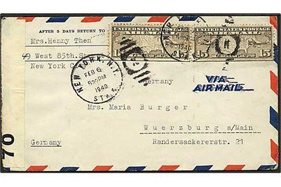 15 cents Luftpost (par) på luftpostbrev fra New York d. 6.2.1940 til Würtzburg, Tyskland. Åbnet af både tysk og britisk censur.