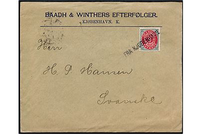 8 øre Tofarvet på brev fra Baadh & Winthers Efterfølgere annulleret med skibsstempel Fra Kjøbenhavn til Svaneke. På bagsiden sidestemplet Rønne d. 28.3.1899 og ank.stemplet i Svaneke d. 28.3.1899.
