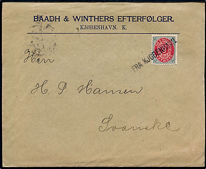 8 øre Tofarvet på brev fra Baadh & Winthers Efterfølgere annulleret med skibsstempel Fra Kjøbenhavn til Svaneke. På bagsiden sidestemplet Rønne d. 28.3.1899 og ank.stemplet i Svaneke d. 28.3.1899.