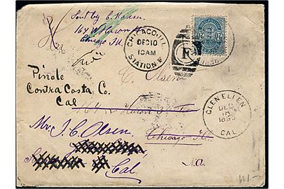 20 øre Våben på brev fra Kjøbenhavn 1895 til Chicago, USA - eftersendt flere gange til bl.a. Clen Elien og Pinole i Calefornia. 