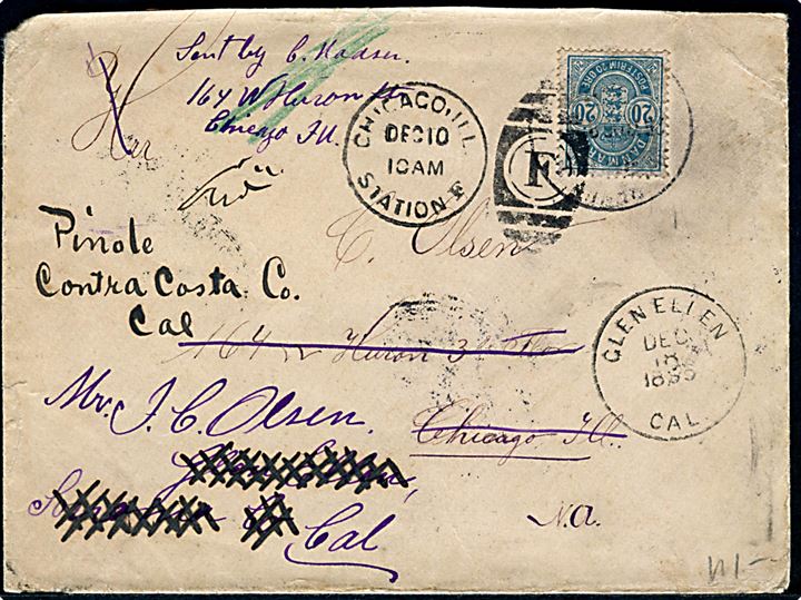 20 øre Våben på brev fra Kjøbenhavn 1895 til Chicago, USA - eftersendt flere gange til bl.a. Clen Elien og Pinole i Calefornia. 